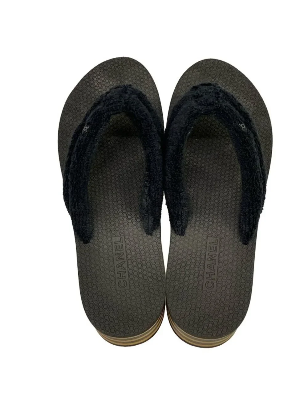 Chanel Beach Sandals Black Light Brown CC Logo Border Wedge Cotton